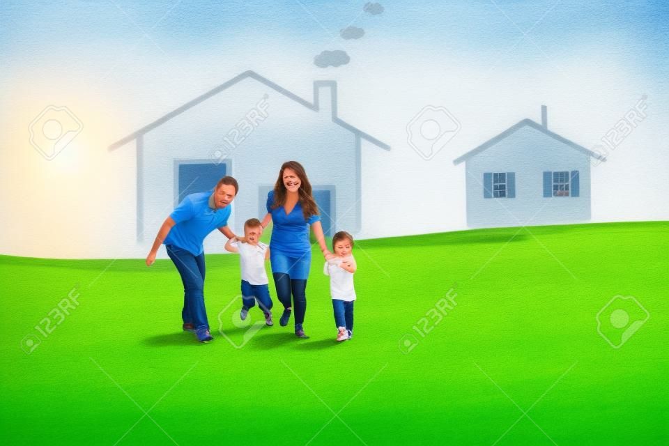 Happy family running on field with a draw house in background