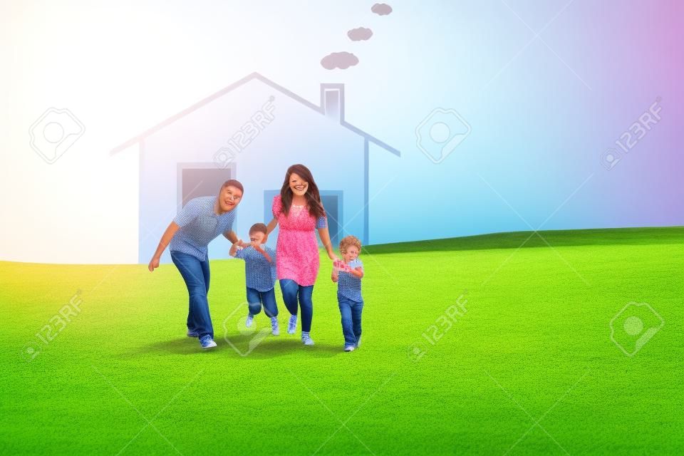 Familia feliz corriendo en el campo con una casa dibujada en el fondo