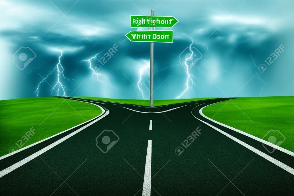 Green road sign of right vs wrong decision on highway with thunder storm background
