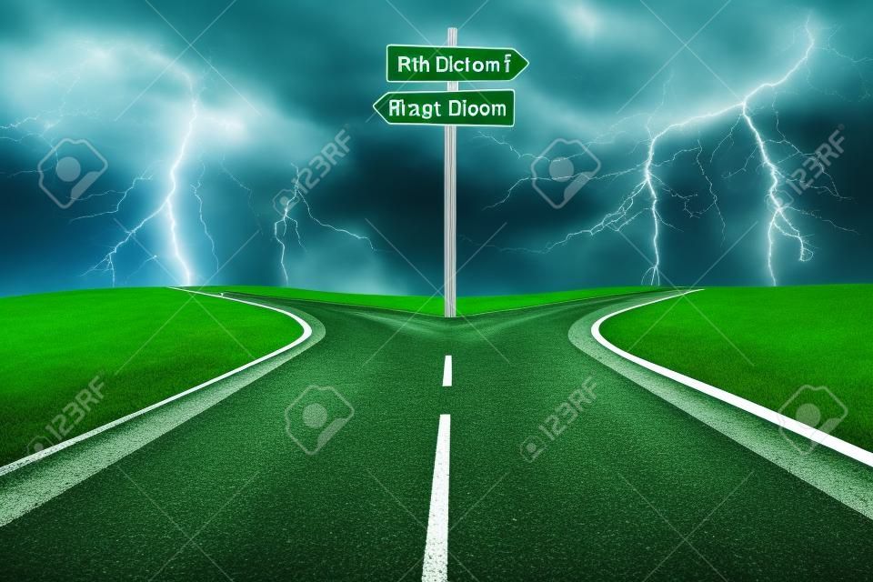 Green road sign of right vs wrong decision on highway with thunder storm background
