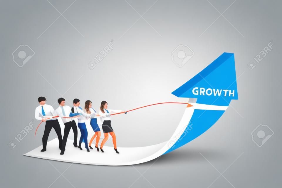 Del equipo de negocios está tirando el crecimiento muestra de la flecha sobre fondo blanco