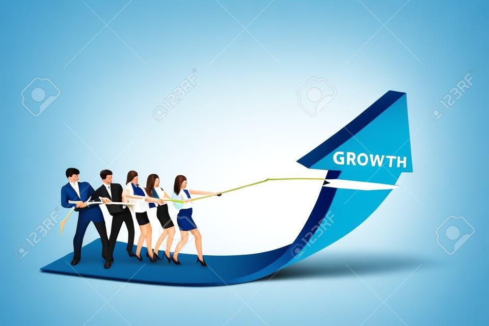 Del equipo de negocios está tirando el crecimiento muestra de la flecha sobre fondo blanco
