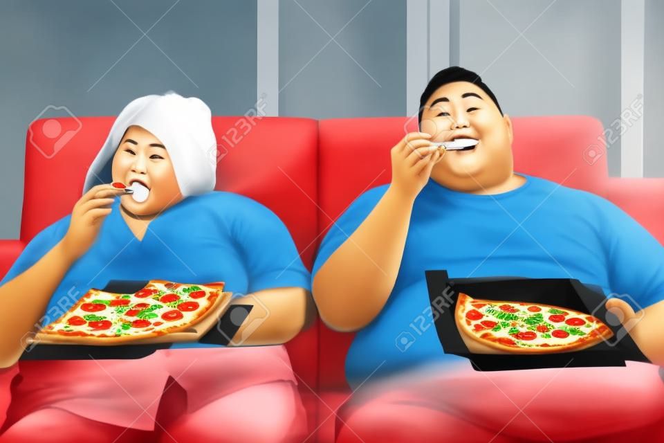 Retrato de pareja asiática gorda comiendo pizza, mientras ve la televisión con aburrimiento en su sala de estar