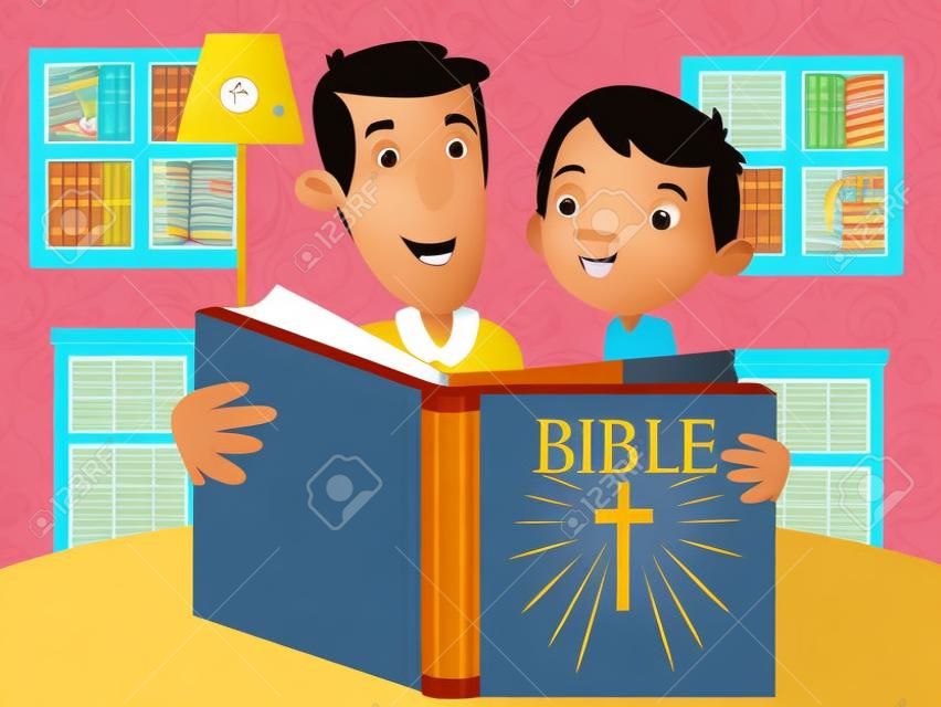 小さな男の子の漫画のキャラクターと彼の父は家で一緒に聖書を読んでいます