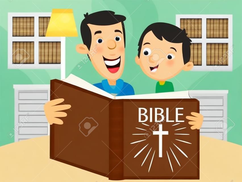小さな男の子の漫画のキャラクターと彼の父は家で一緒に聖書を読んでいます