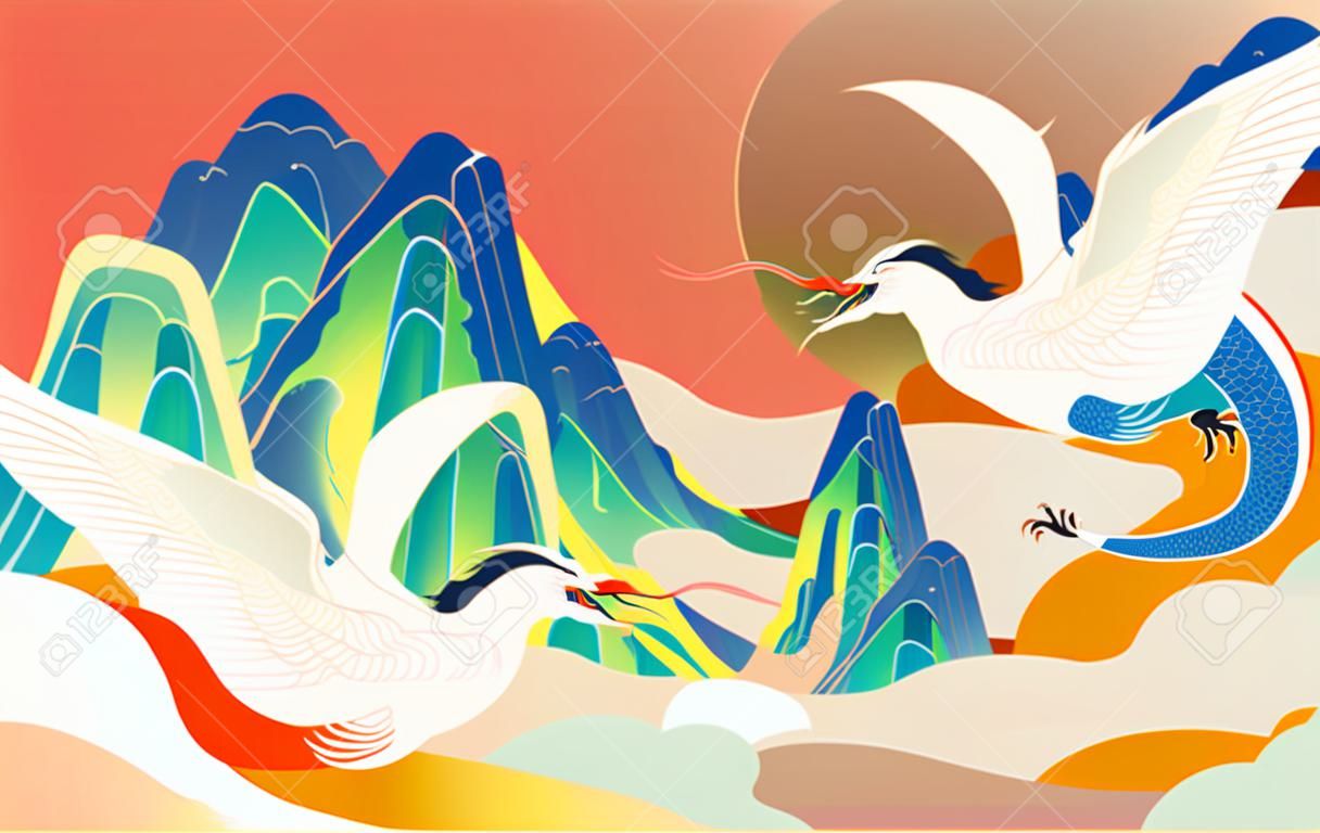 Illustrazione del nuovo anno del drago della marea nazionale in stile cinese che celebra il poster dell'evento del nuovo anno del festival di primavera