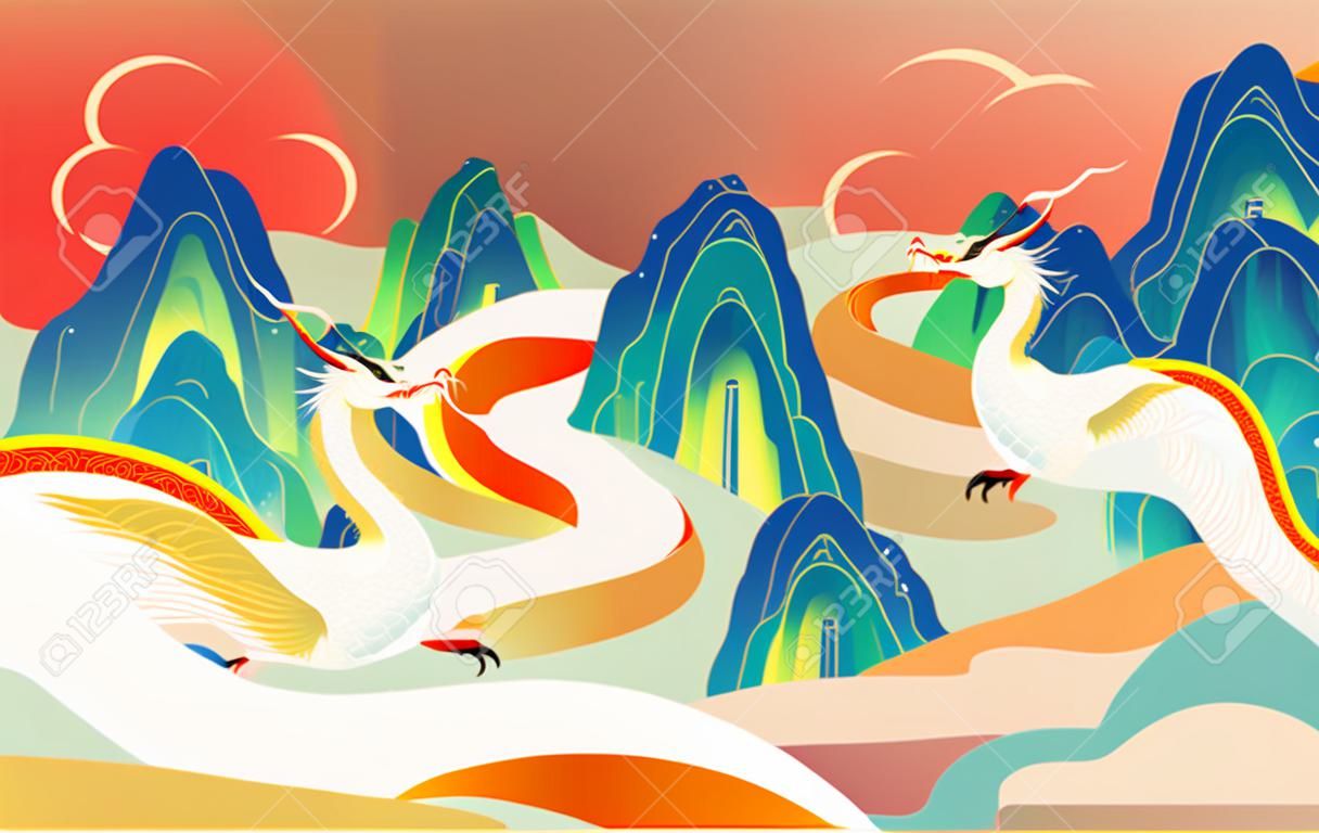Ilustración de año nuevo del dragón de marea nacional de estilo chino que celebra el cartel del evento de año nuevo del festival de primavera