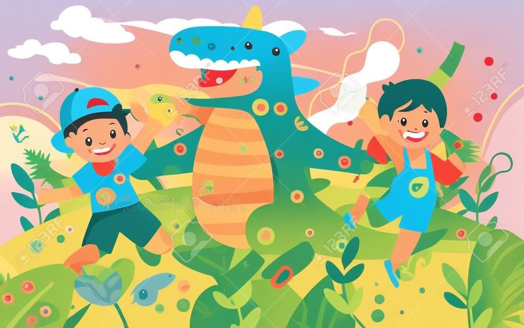 背景に植物や雲、恐竜の衣装で遊ぶ子供の日の子供たち、ベクトル図