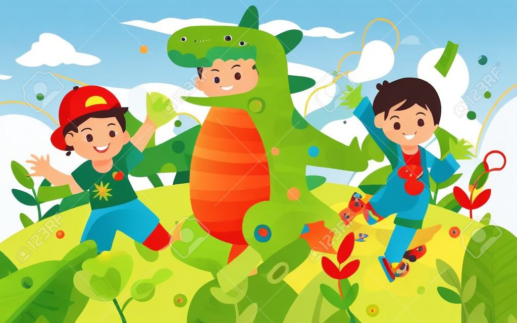 背景に植物や雲、恐竜の衣装で遊ぶ子供の日の子供たち、ベクトル図