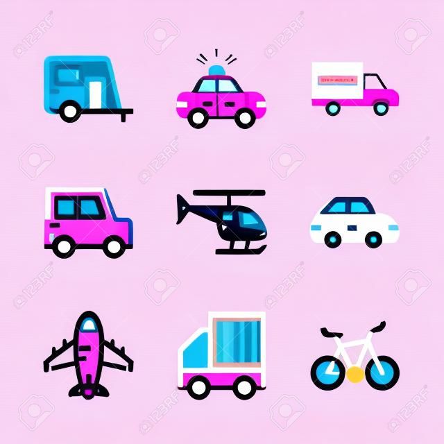 Icona della serie sui mezzi di trasporto con aereo, auto rosa e elicottero