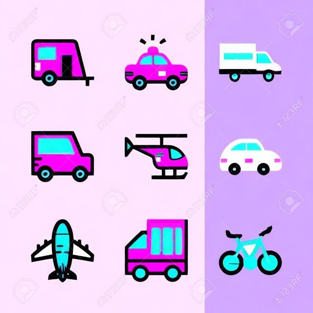 Zestaw ikon o transporcie samolotem, różowym samochodem i helikopterem