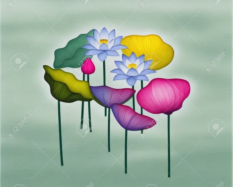 Illustration of a landscape with lotus in bloom