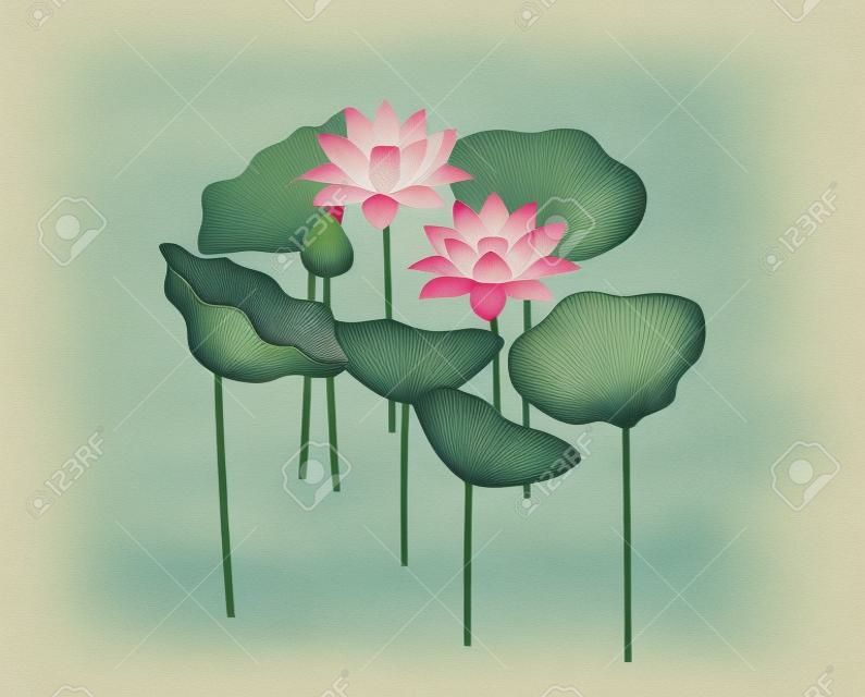 Illustration einer Landschaft mit blühendem Lotus