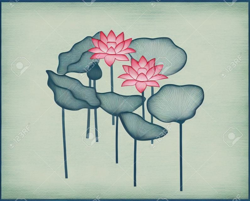 Illustration of a landscape with lotus in bloom