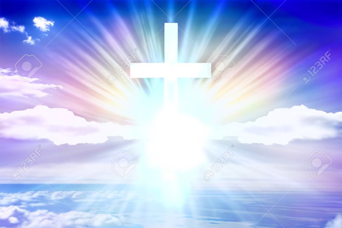 천상의 십자가. 종교 기호 모양입니다. 극적인 자연 배경입니다. 하늘에 빛나는 십자가. 행복한 부활절. 하늘에서 빛입니다. 종교 배경입니다. 파라다이스 천국. 하늘에 빛입니다.