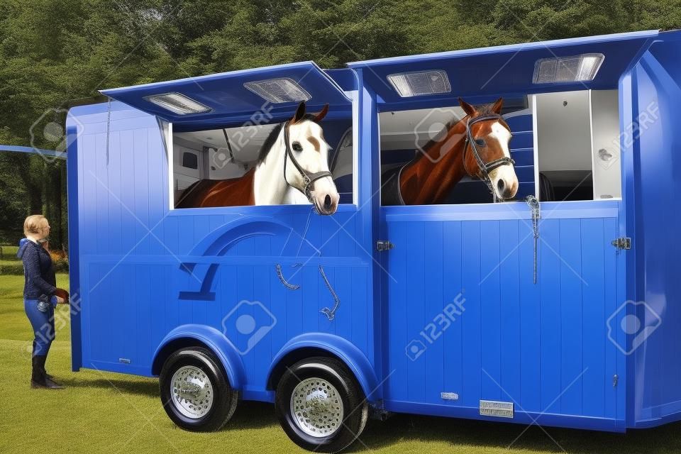 Pferd Fahrzeug. Beförderung für Pferde. Autoanhänger für den Transport von Pferden. Vieh transportieren. Pferdetransportwagen, Pferdesport