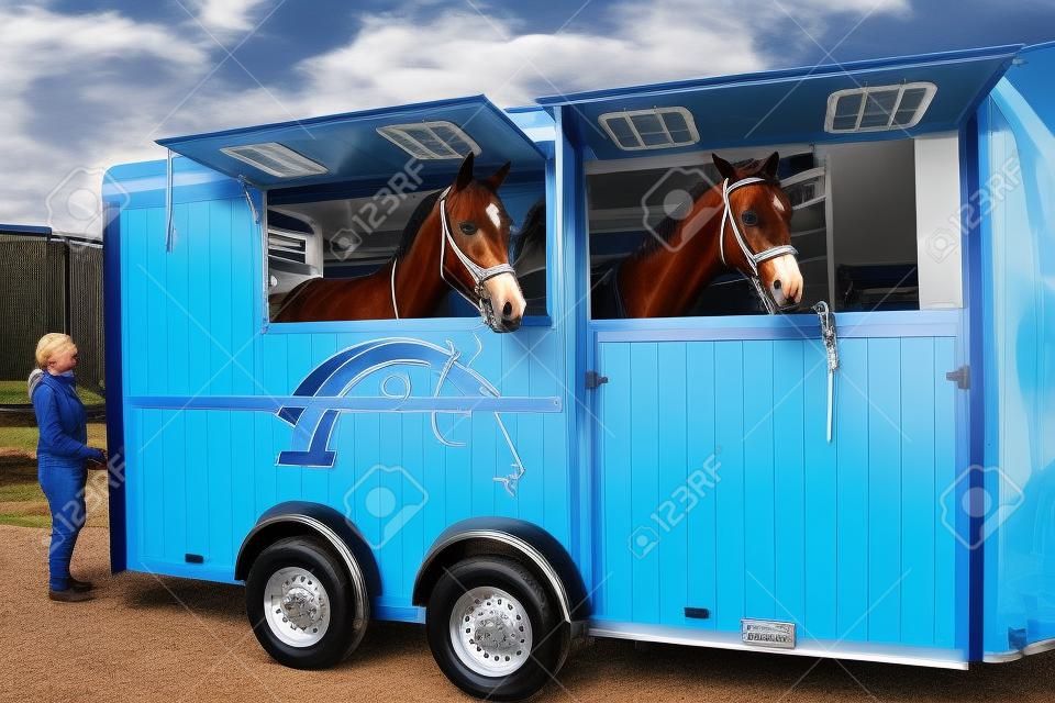 Pferd Fahrzeug. Beförderung für Pferde. Autoanhänger für den Transport von Pferden. Vieh transportieren. Pferdetransportwagen, Pferdesport