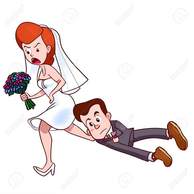 Arrabbiato sposa trascina lo sposo per sposarsi