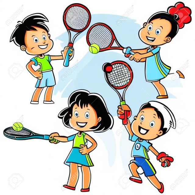 Crianças dos desenhos animados que jogam o tênis. Ilustração do clip art do vetor em um fundo branco.