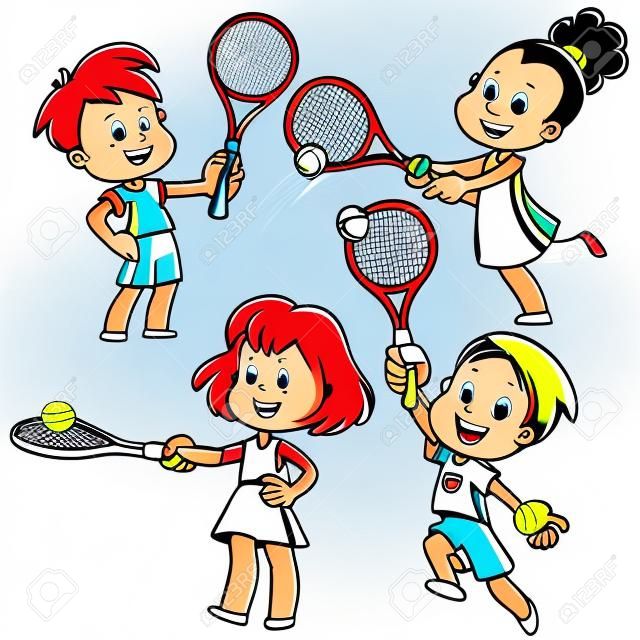 Dzieci cartoon gry w tenisa. Clip Art ilustracji wektorowych na białym tle.