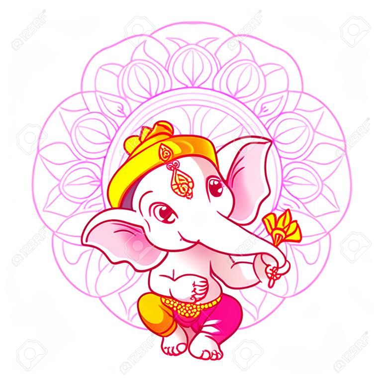 Küçük sevimli Ganesha. Çizgi film karakteri. beyaz zemin üzerine vektör karikatür illüstrasyon.
