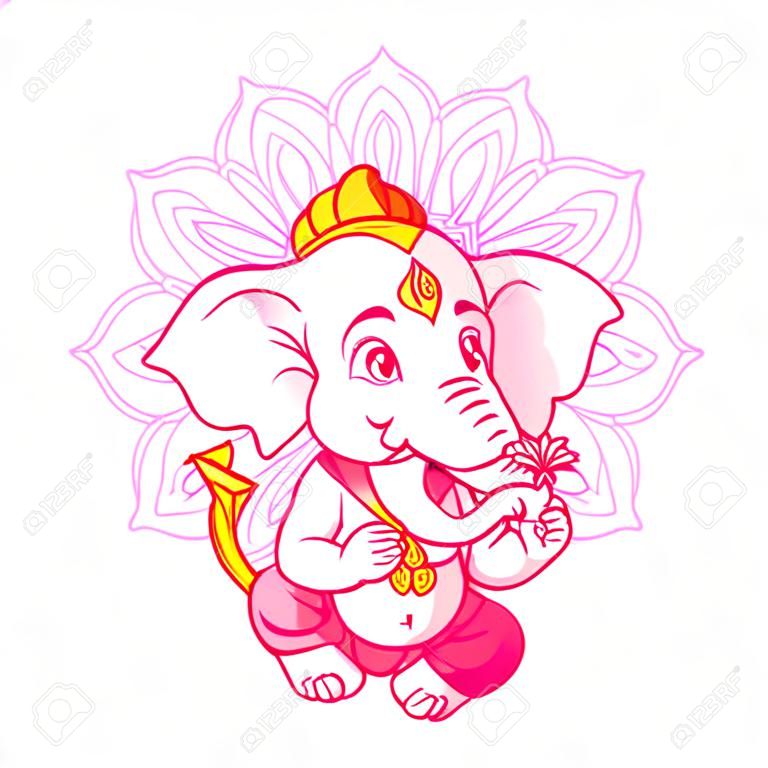 Küçük sevimli Ganesha. Çizgi film karakteri. beyaz zemin üzerine vektör karikatür illüstrasyon.