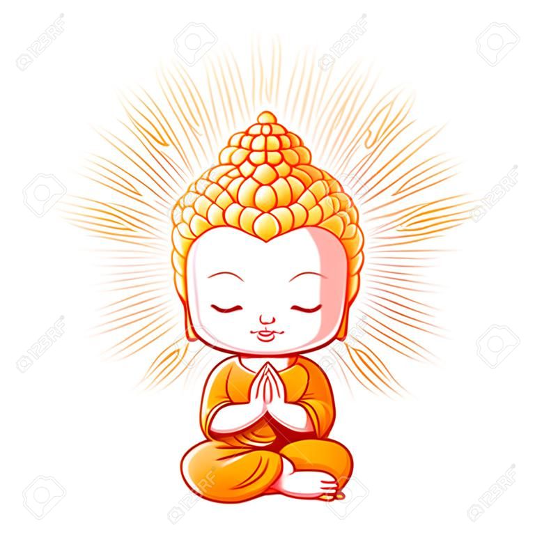 Poco meditazione Buddha. Personaggio dei cartoni animati. Vector cartoon illustrazione su uno sfondo bianco.