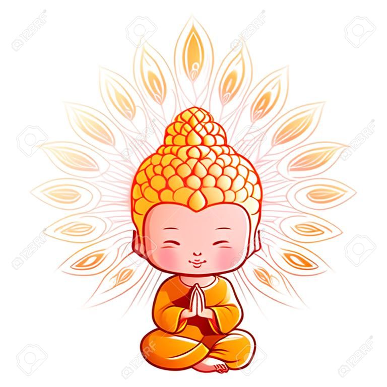 El pequeño Buda meditando. Personaje animado. Vector ilustración de dibujos animados sobre un fondo blanco.