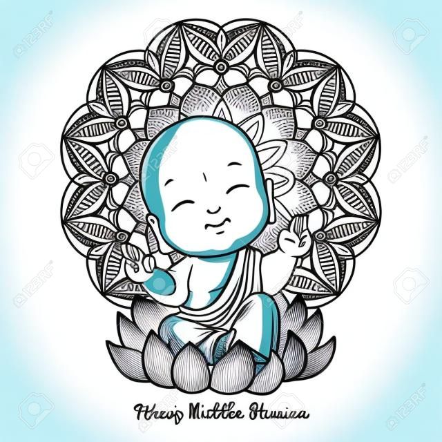 Little meditating Buddha on the lotus. Cartoon character. Vector cartoon illustration on a white background.