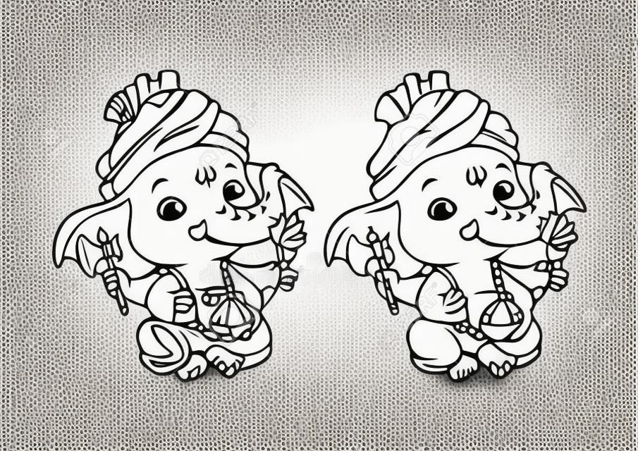 Little cartoon Ganesha. Page for coloring book. Vector illustration isolated on a white background.
