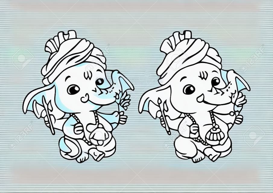 Little cartoon Ganesha. Page for coloring book. Vector illustration isolated on a white background.