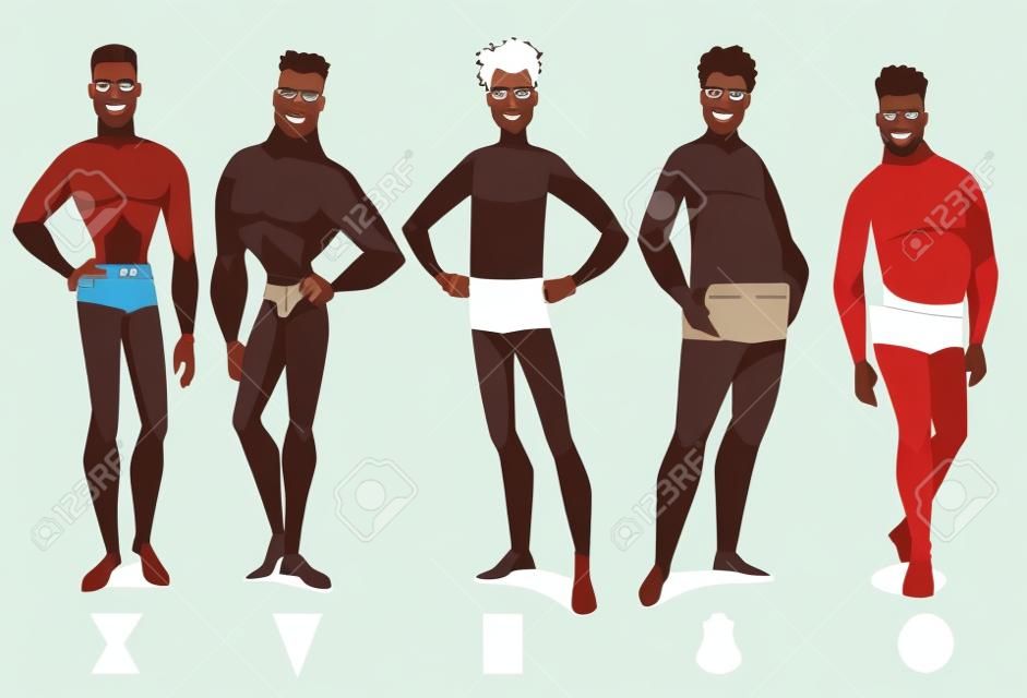 Erkek vücut şekli çeşitleri - beş tip. Afrikalı Amerikalılar. Vektör çizgi filmi.