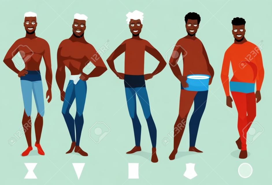 Conjunto de tipos de forma de cuerpo masculino - cinco tipos. Hombres Americanos Africanos. Ilustración de dibujos animados de vector.