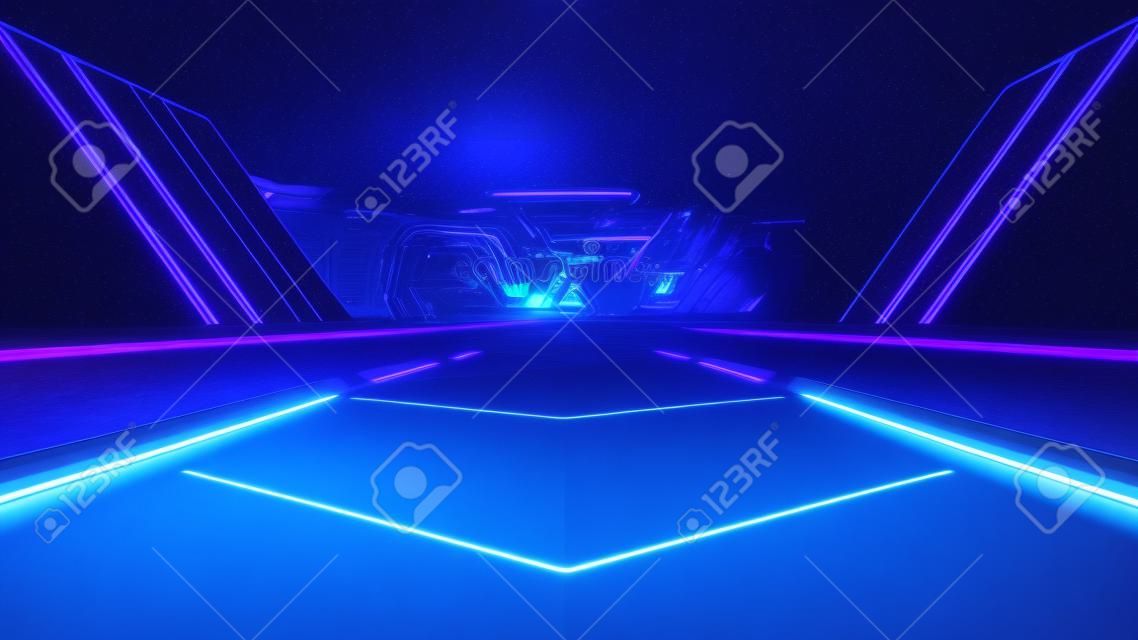 Rendu 3d du couloir du vaisseau spatial néon brillant fond violet bleu futuriste. concept cyberpunk. scène pour la publicité, la salle d'exposition, la technologie, l'avenir, la modernité, le sport, le métaverse. illustration de science-fiction