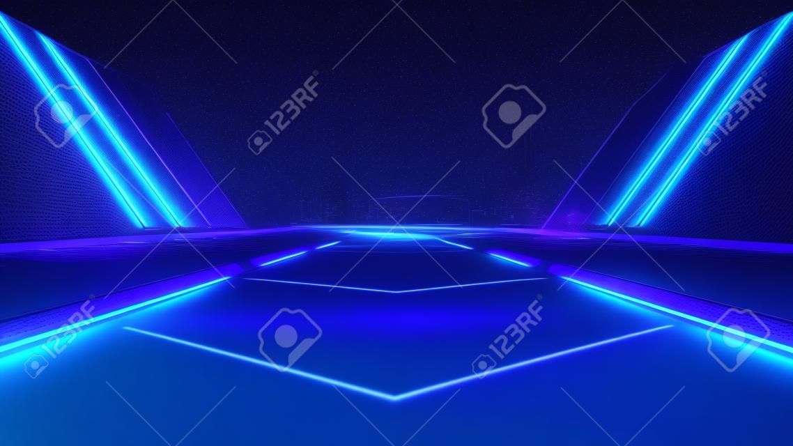 Renderowanie 3d korytarza statku kosmicznego neon świecące niebieskie fioletowe tło futurystyczne. koncepcja cyberpunka. scena reklamowa, showroom, technologia, przyszłość, nowoczesność, sport, metaverse. ilustracja science-fiction