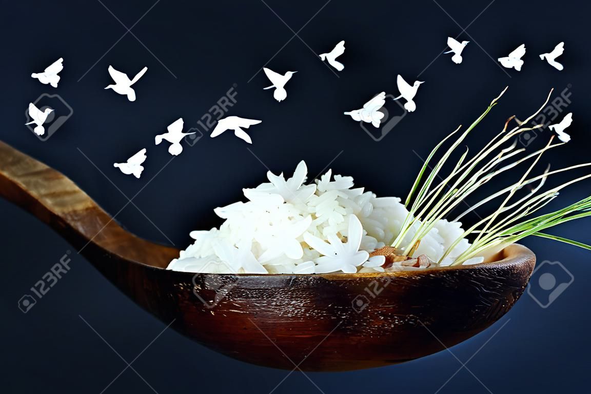 Cuchara de arroz de cerca con la falta de definición de las aves sombra blanca del fondo