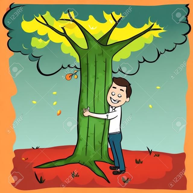 homem dos desenhos animados abraçando árvore.