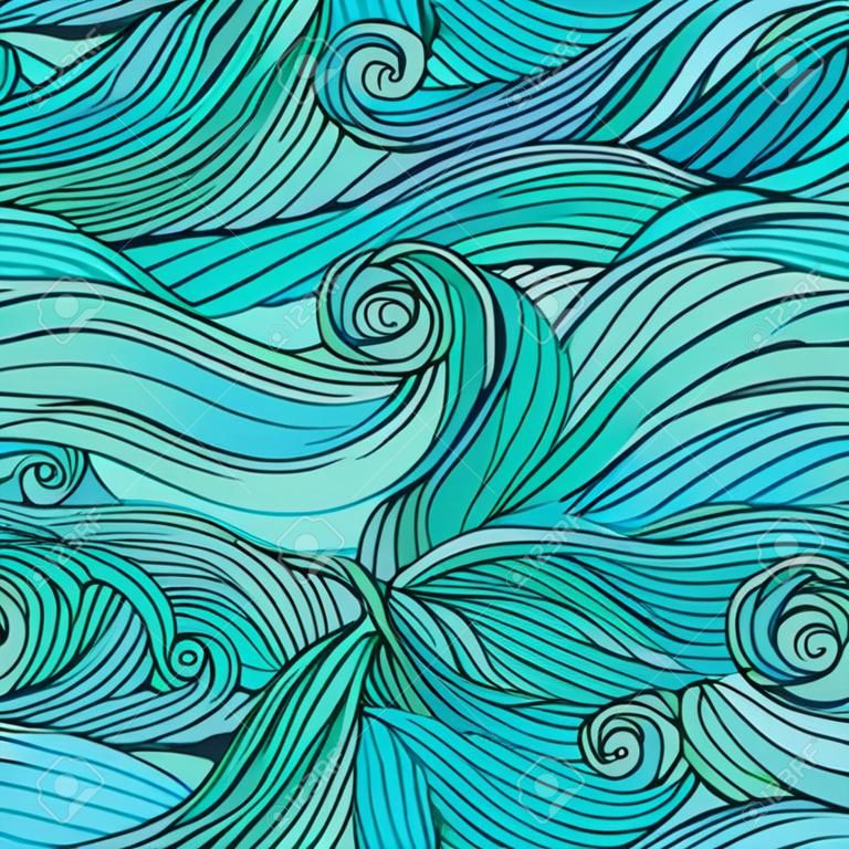 Seamless sea waves hand-drawn pattern, abstract background.