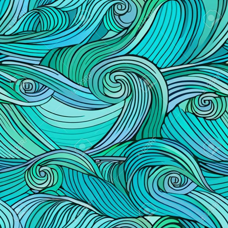 Seamless sea waves hand-drawn pattern, abstract background.