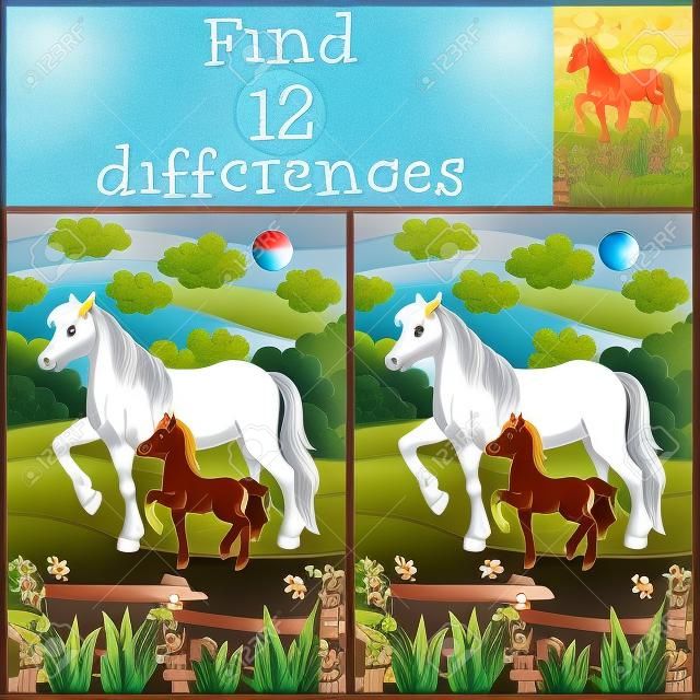 兒童遊戲：尋找差異。馬的母親與她可愛的小馬駒。