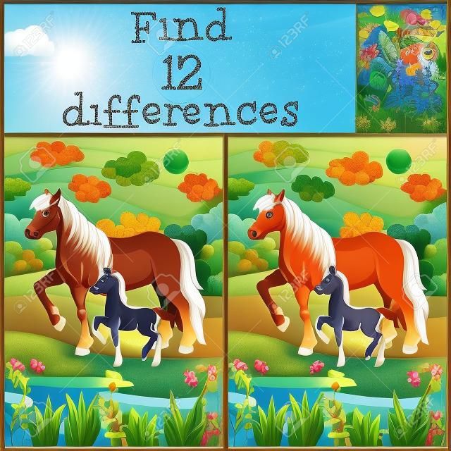 兒童遊戲：尋找差異。馬的母親與她可愛的小馬駒。