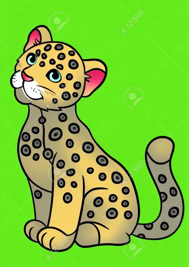 Cartoon animals for kids. Cute baby jaguar sits and smiles.