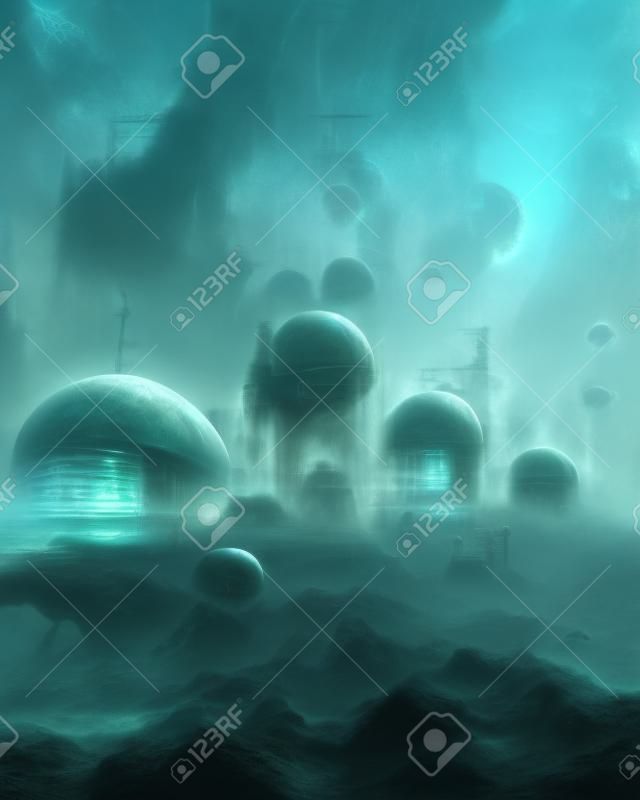 Alien Underwater Base in Sea Abyss Sci-Fi Art Illustration. Buildings of Aquatic Civilization Science Fiction Vertical Background. CG Digital Painting AI Neural Network Generated Art Fantasy Wallpaper
