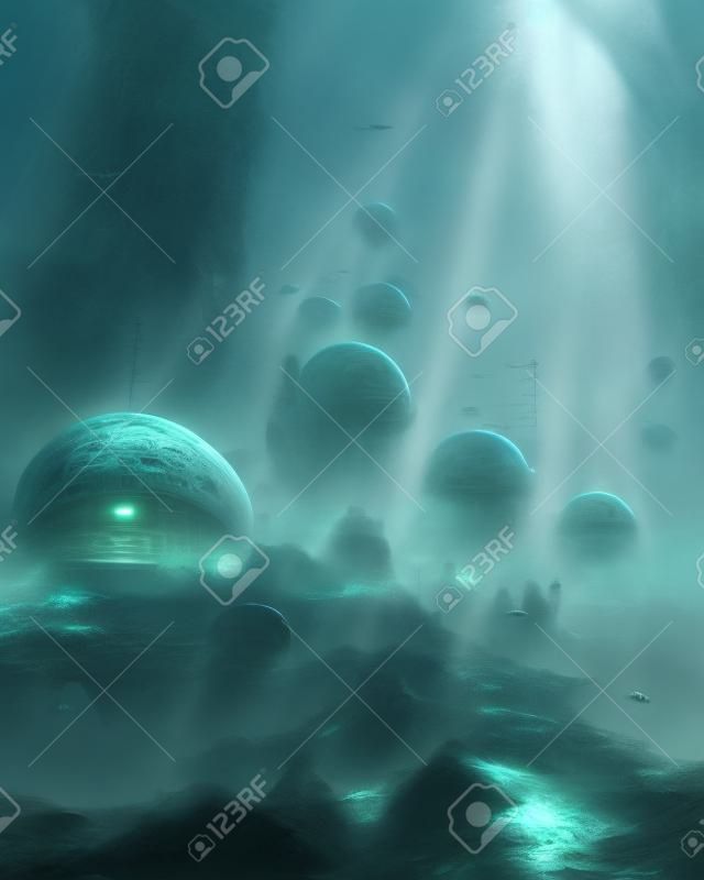 Alien Underwater Base in Sea Abyss Sci-Fi Art Illustration. Buildings of Aquatic Civilization Science Fiction Vertical Background. CG Digital Painting AI Neural Network Generated Art Fantasy Wallpaper