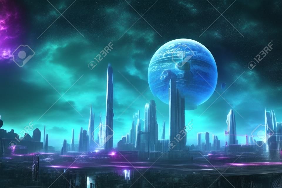 Futuristic high technologic metropolis skyline op alien planet art illustratie. buitenaardse beschaving world scenery 3d-achtergrond. digitale ai neural network generated art fantastic wallpaper