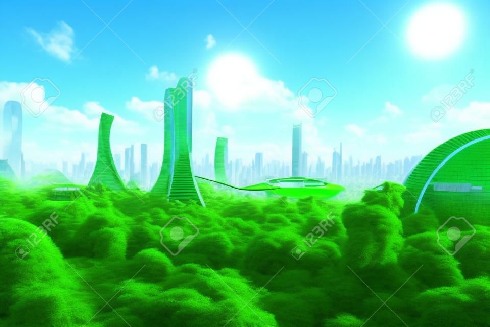 Sci-Fi Green Utopia Futuristic City Environmentalism Concept 3D Art Illustratie. Hoge opkomst Duurzame gebouwen in Green Ecological Metropolis Achtergrond.