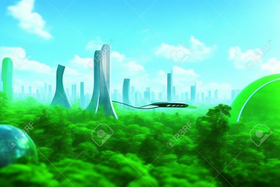 Sci-Fi Green Utopia Futuristic City Environmentalism Concept 3D Art Illustration. High Rise Sustainable Buildings in Green Ecological Metropolis Background. Environmental Protection AI Generated Art