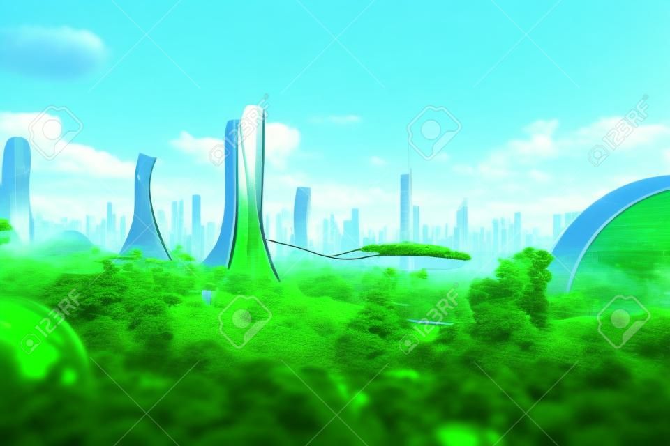 공상 과학 녹색 유토피아 미래 도시 환경주의 개념 3d 아트 그림. 녹색 생태 대도시 배경의 고층 지속 가능한 건물. 환경 보호 인공 지능 생성 예술