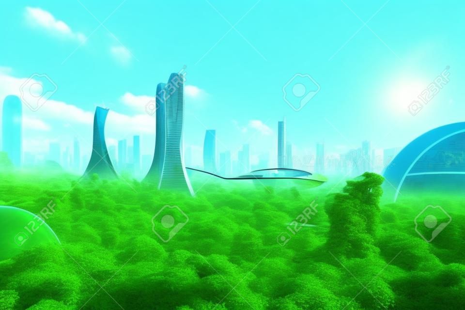 공상 과학 녹색 유토피아 미래 도시 환경주의 개념 3d 아트 그림. 녹색 생태 대도시 배경의 고층 지속 가능한 건물. 환경 보호 인공 지능 생성 예술
