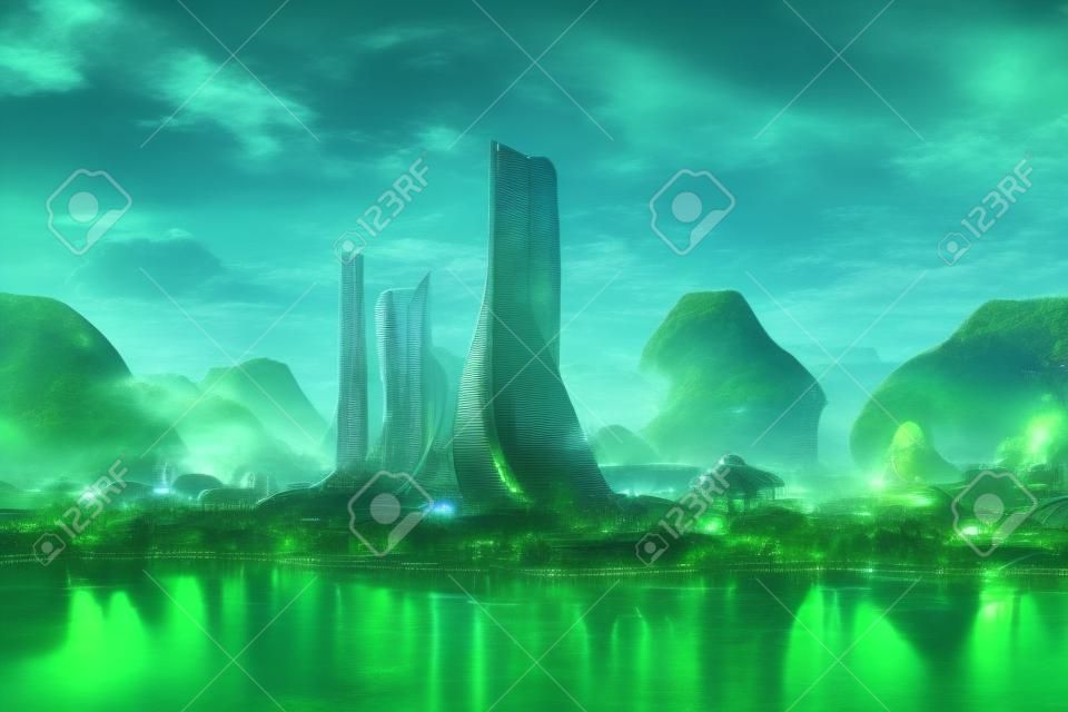 Umweltfreundliche Science-Fiction-Skyline an der Küste der tropischen Meereslagune cg-Grafik. grüne utopienpflanzen bedeckten gebäude mit futuristischem metropolenhintergrund. ai neuronales Netzwerk generierte Konzeptkunst